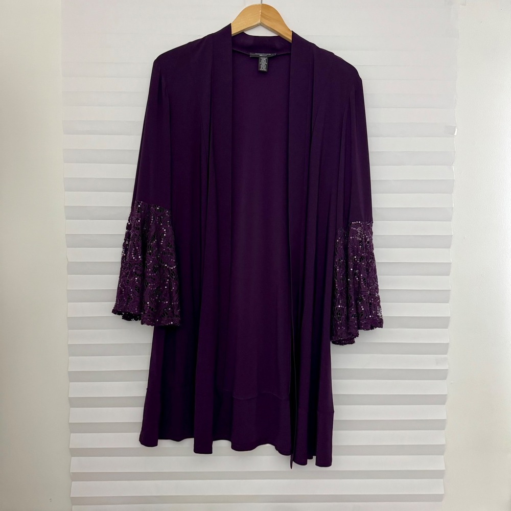 R&M Richards Purple Open Front Cardigan Sequin Lace Bell Sleeve Jacket 14W